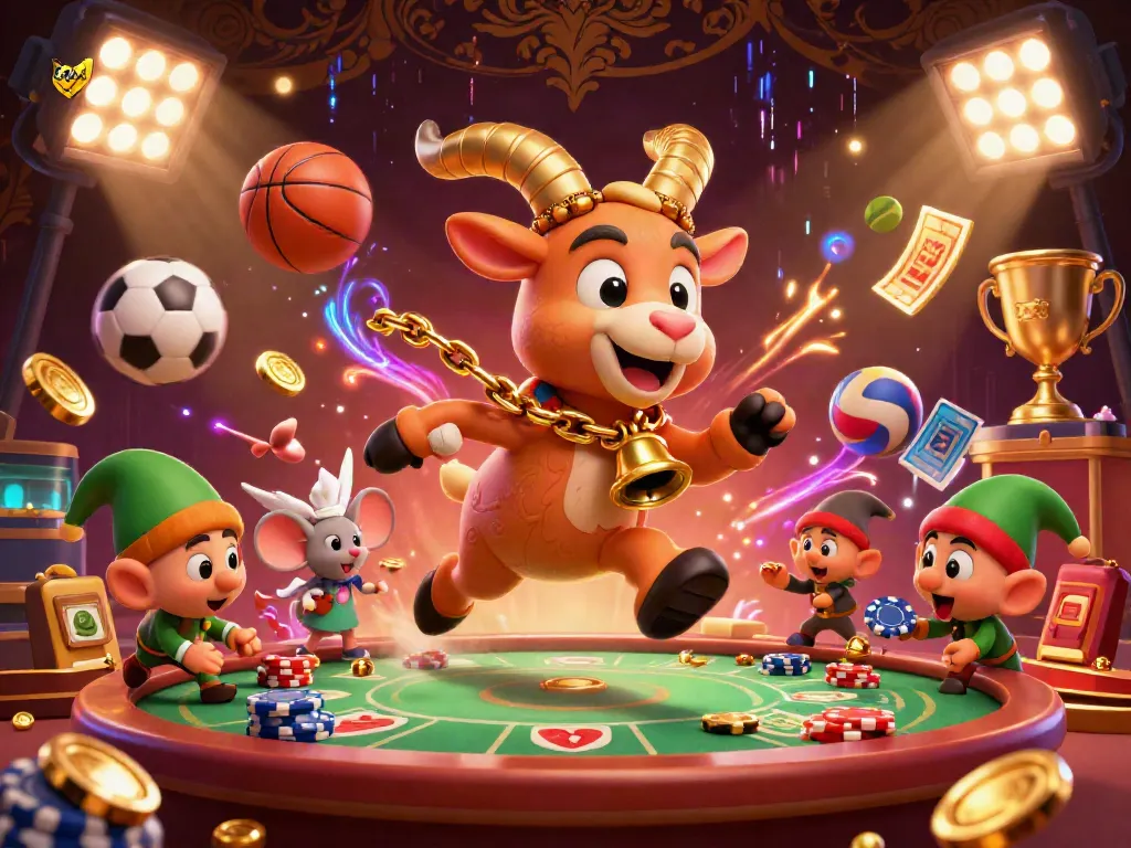 Experience debet with this vibrant 3D scene of a festive Krampus goat running a holiday casino adventure.