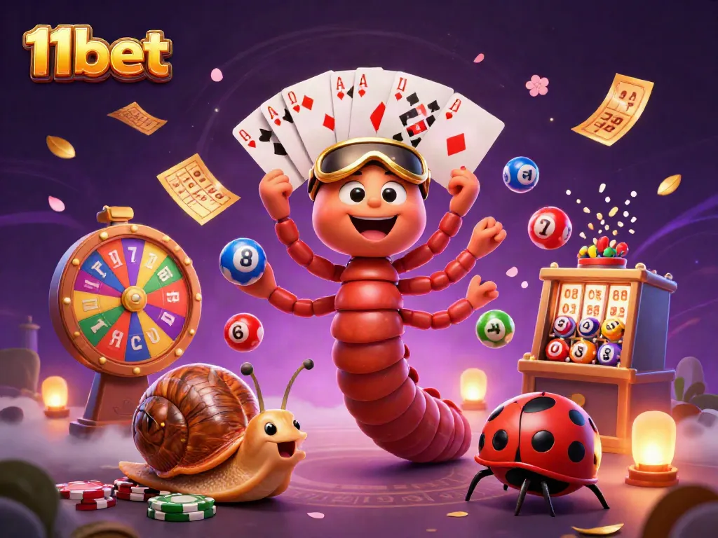 Spin the excitement at 11bet with a lively cartoon scene featuring vibrant game elements.
