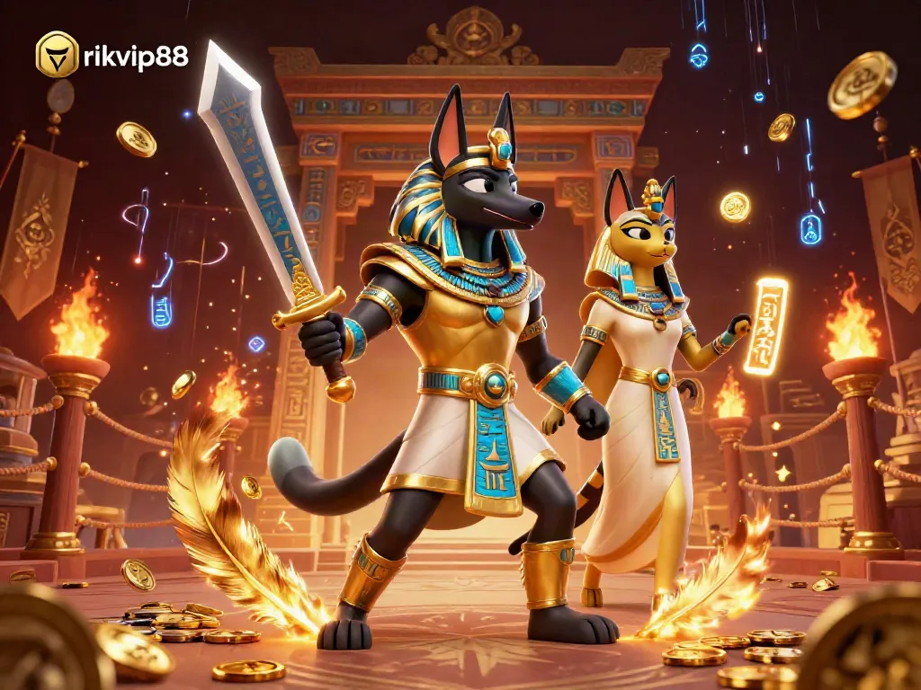 Engage with rikvip88 through a vibrant 3D scene of ancient deities in a casino setting.