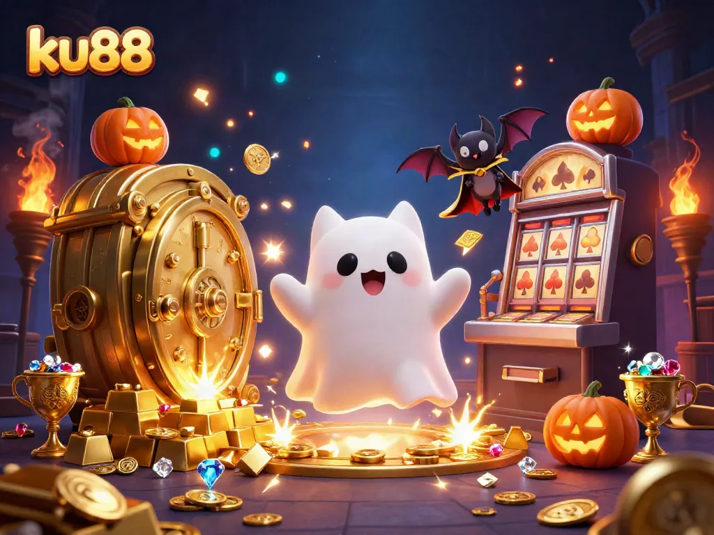 Play slots and win big at ku88 with ghostly cat and treasures in a vibrant casino scene.