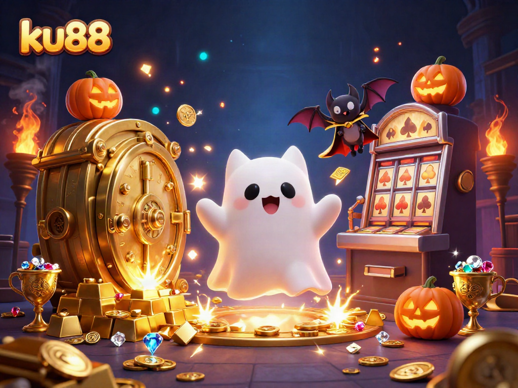 Play slots and win big at ku88 with ghostly cat and treasures in a vibrant casino scene.