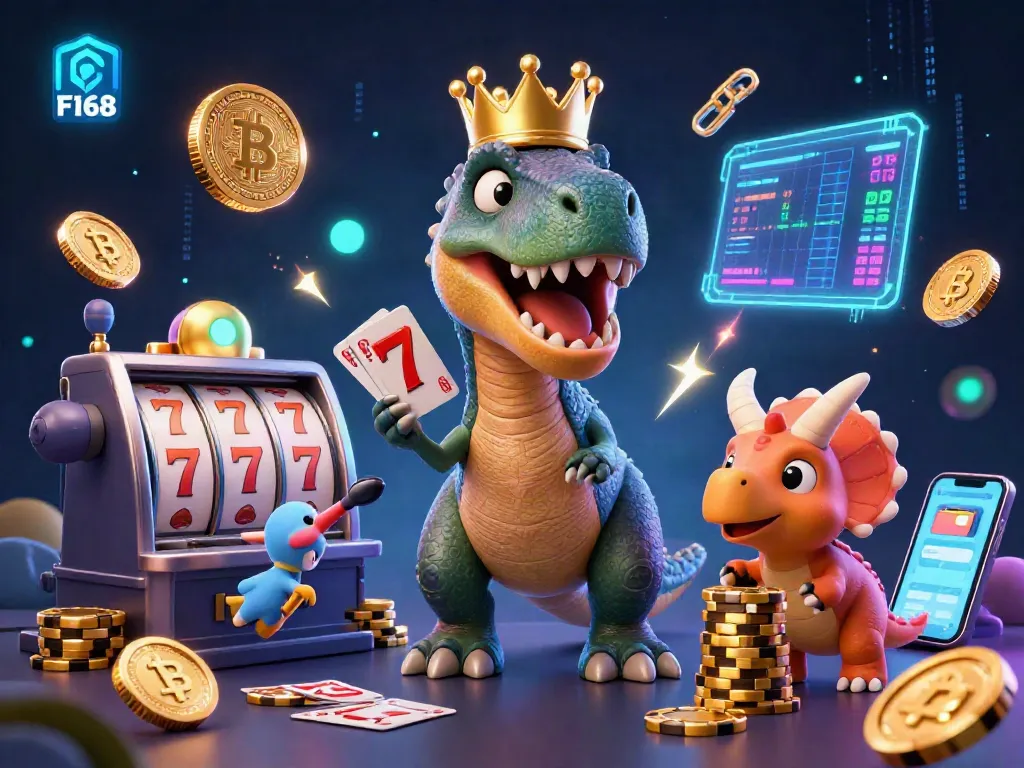 Engage with F168's thrilling gambling vibe featuring a dinosaur-themed casino scene.