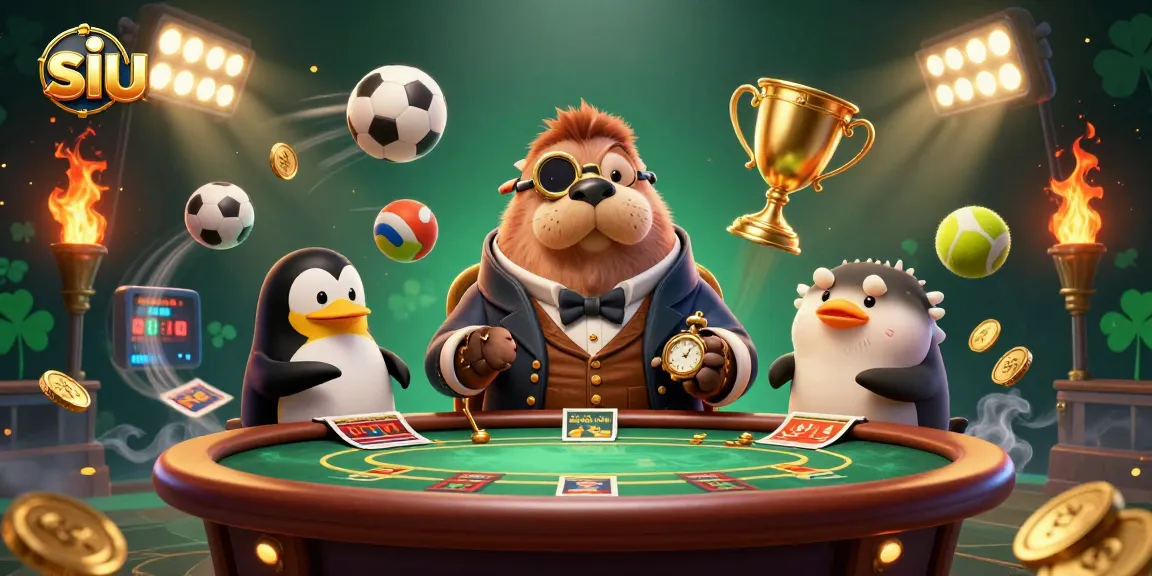 siu88 showcases a lively poker scene with a walrus, penguin dealer, and pufferfish at the table.